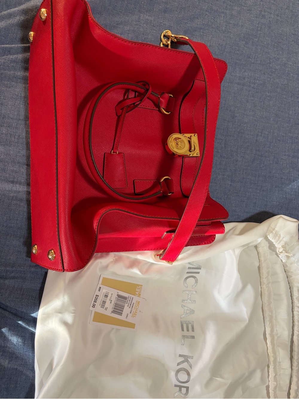Michael Kors Red Saffiano Tote with Gold Lock Accent